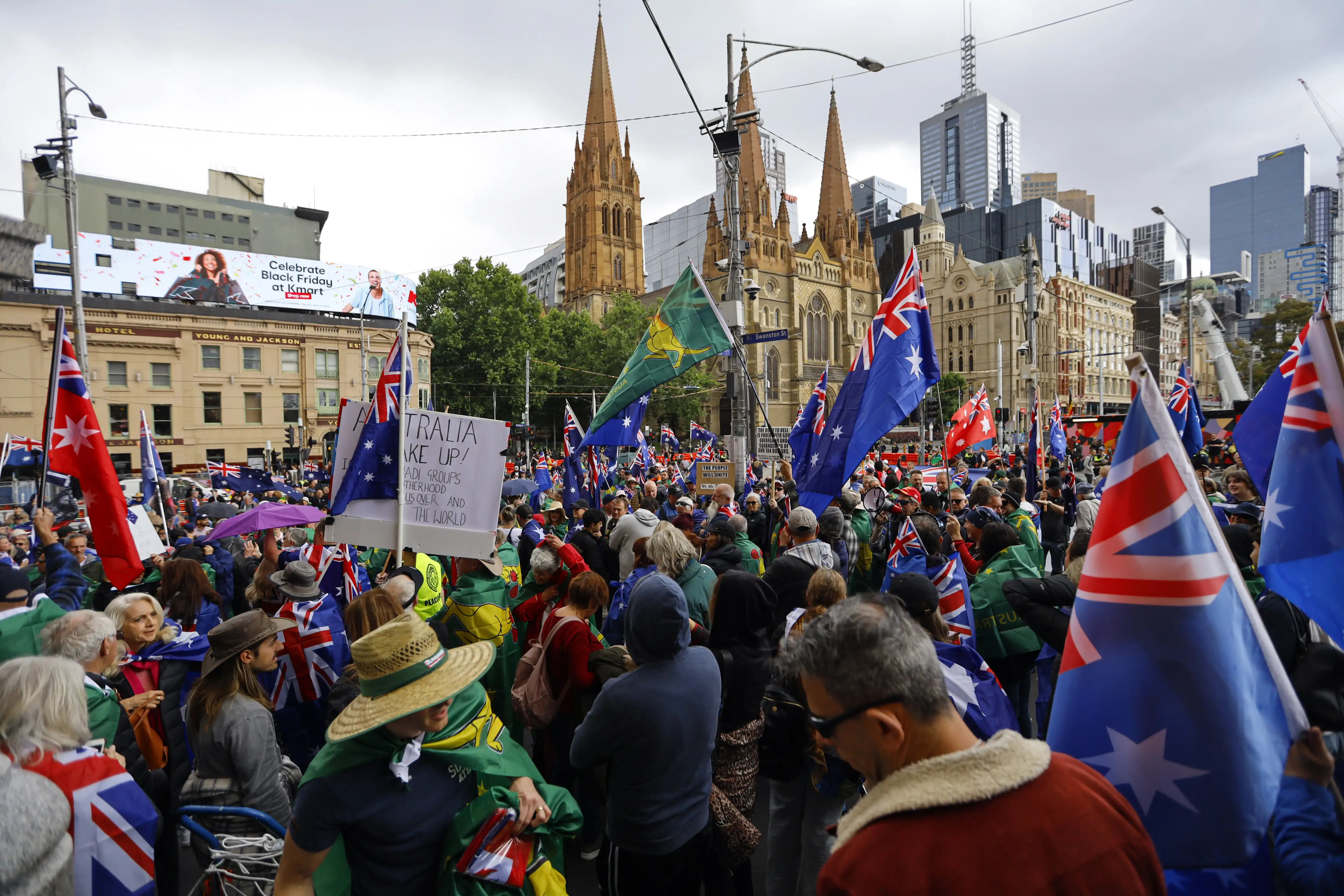 An anti-immigration protest in Melbourne in 2025, with demonstrators calling for reduced migration levels
