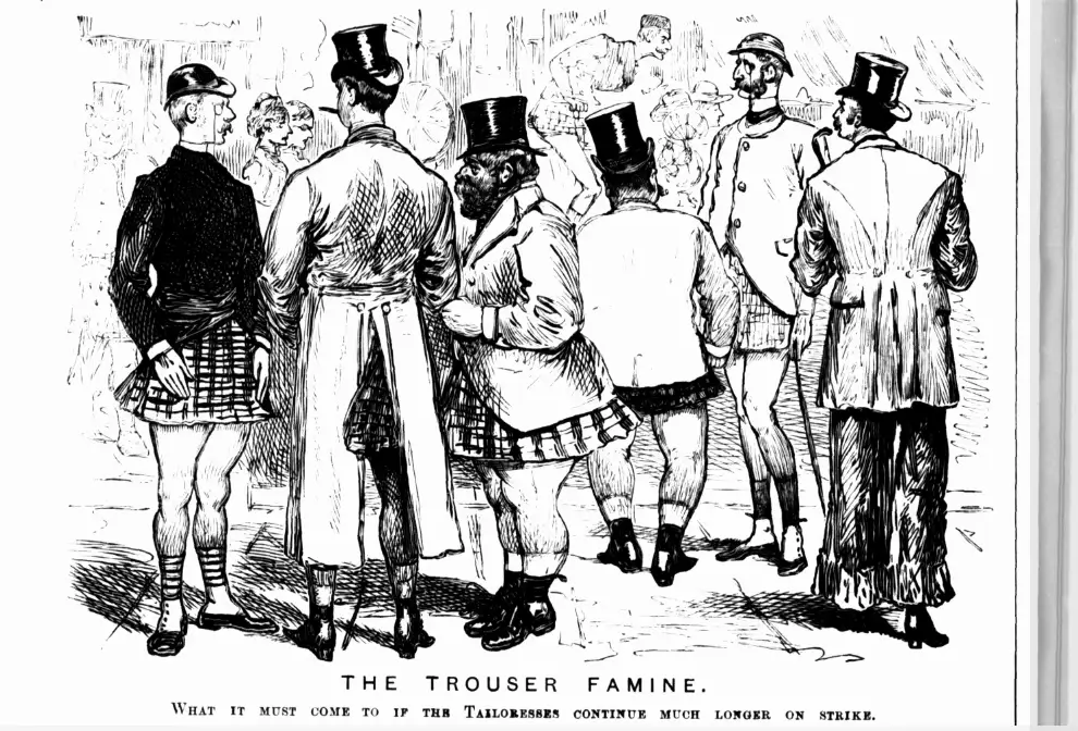 first major strike. Picture: Melbourne Punch/Trove A cartoon from 1883’s Melbourne Punch showing trouser-less men in response to the tailoresses’ strike