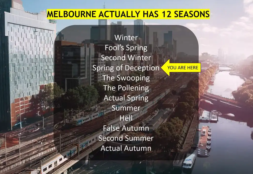 A meme saying Melbourne has 12 seasons 