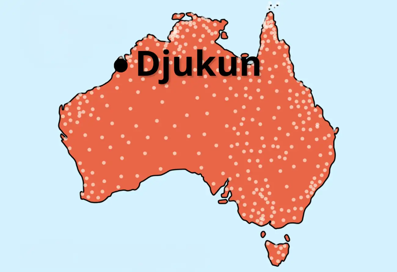 A map showing the location of the Djukun language in Western Australia