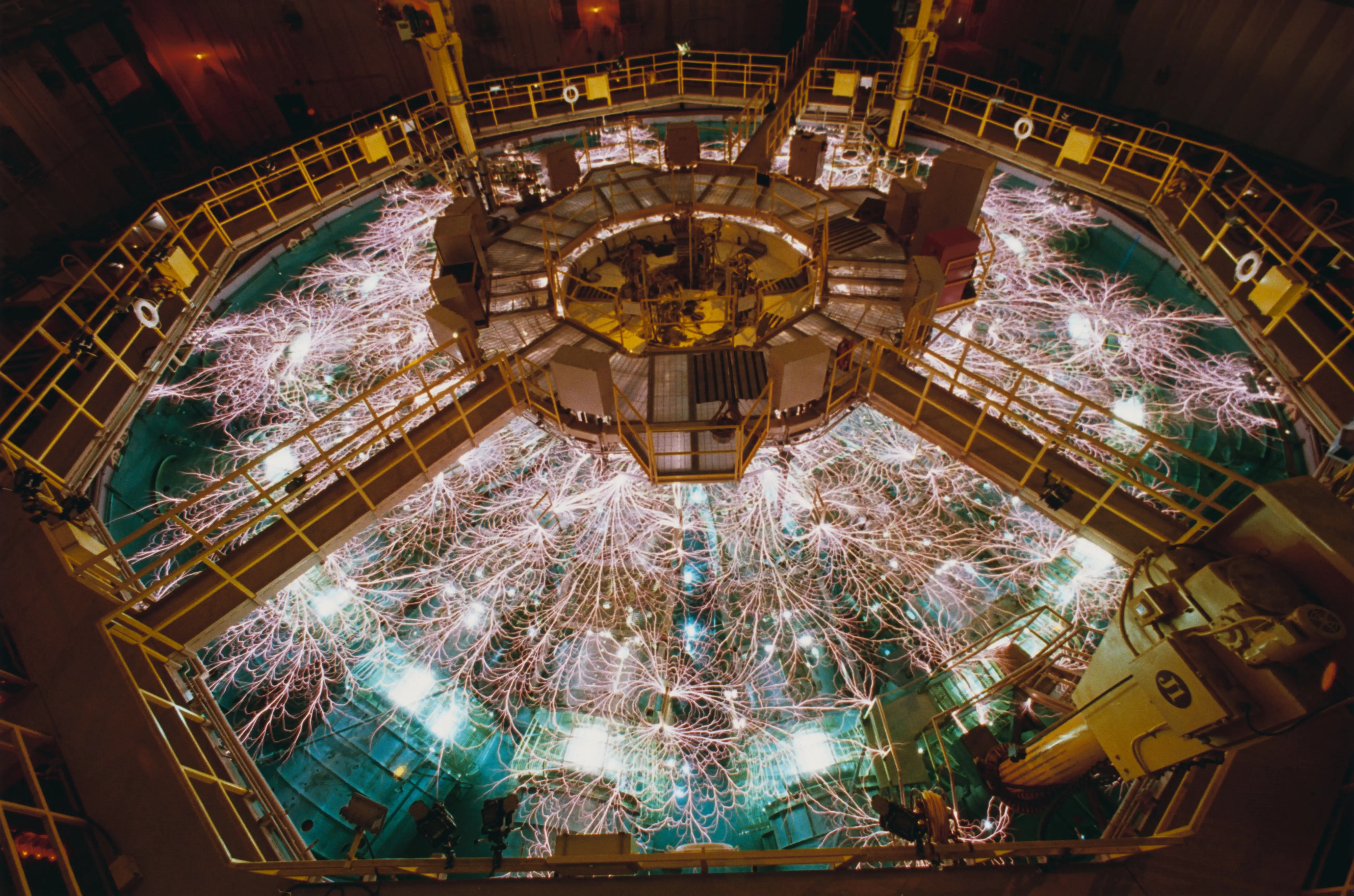 The circular tank of the PBFA II accelerator submerged in insulating oil and water. 