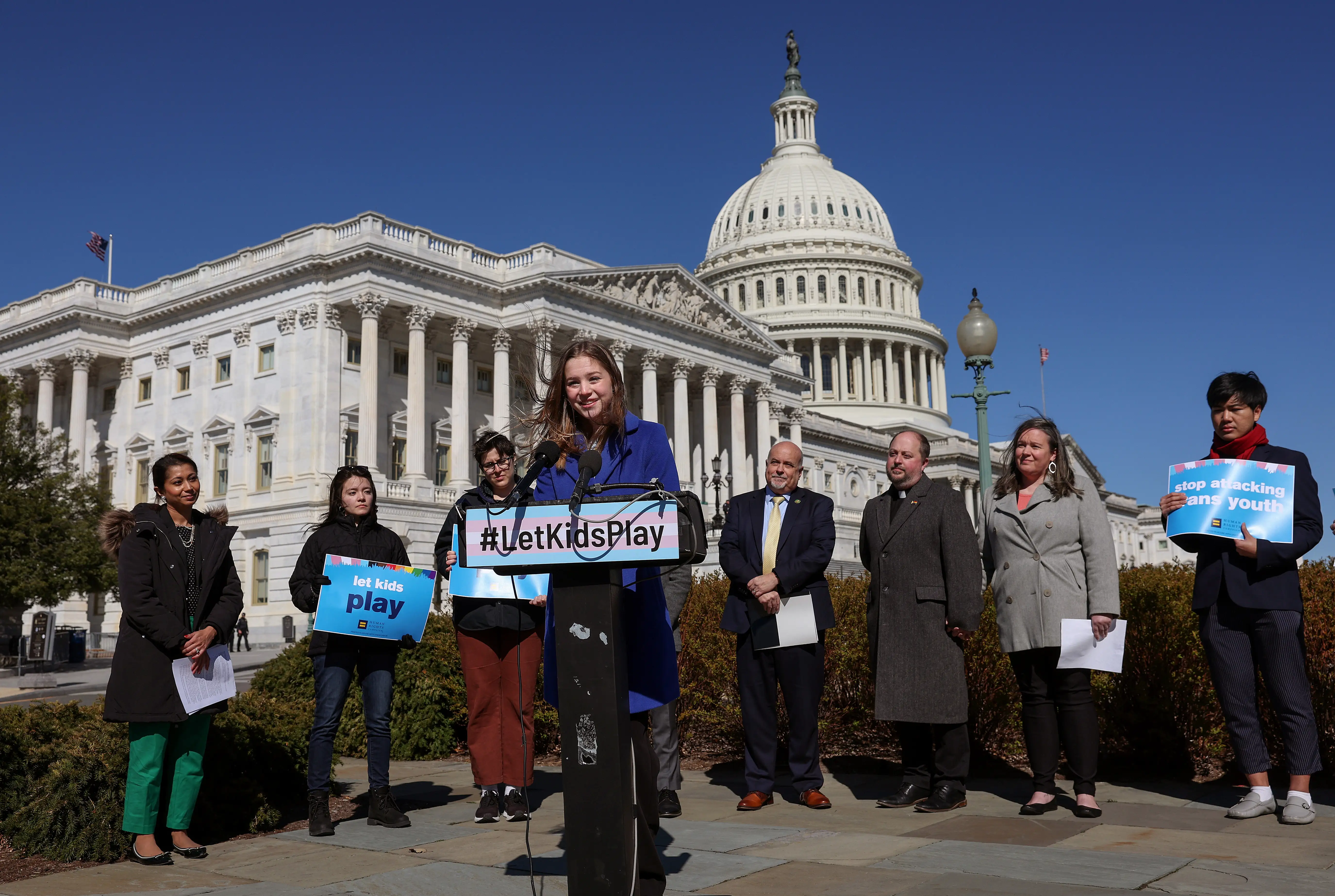 A transgender student athlete, speaks during a press conference by the Congressional Equality Caucus
