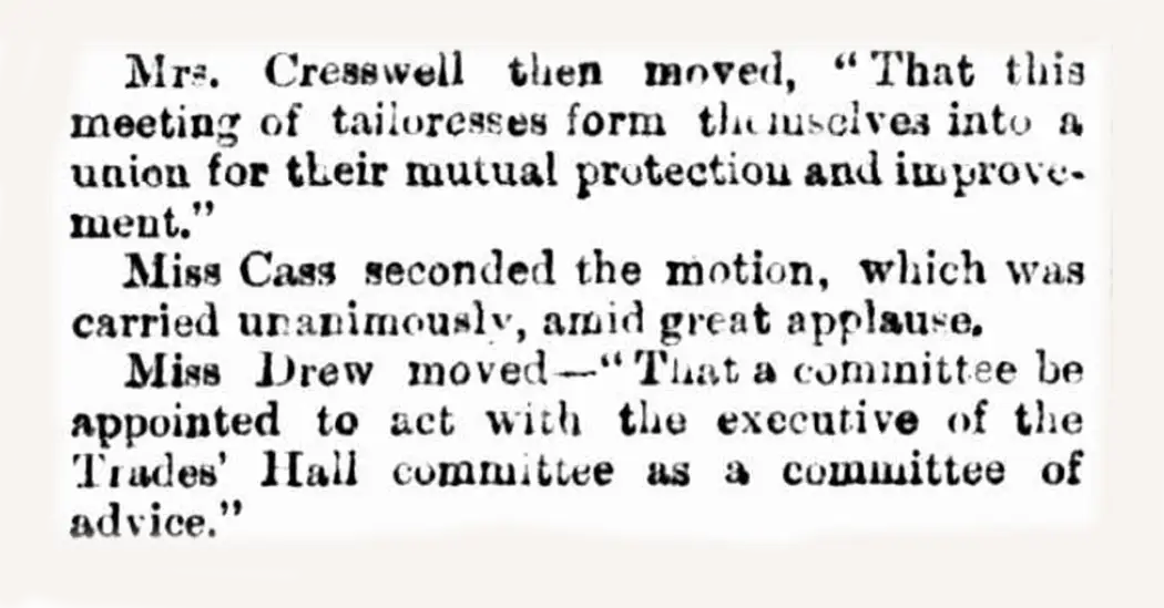 An extract from a newspaper quoting Mrs Ellen Cresswell proposing the formation of a union.
