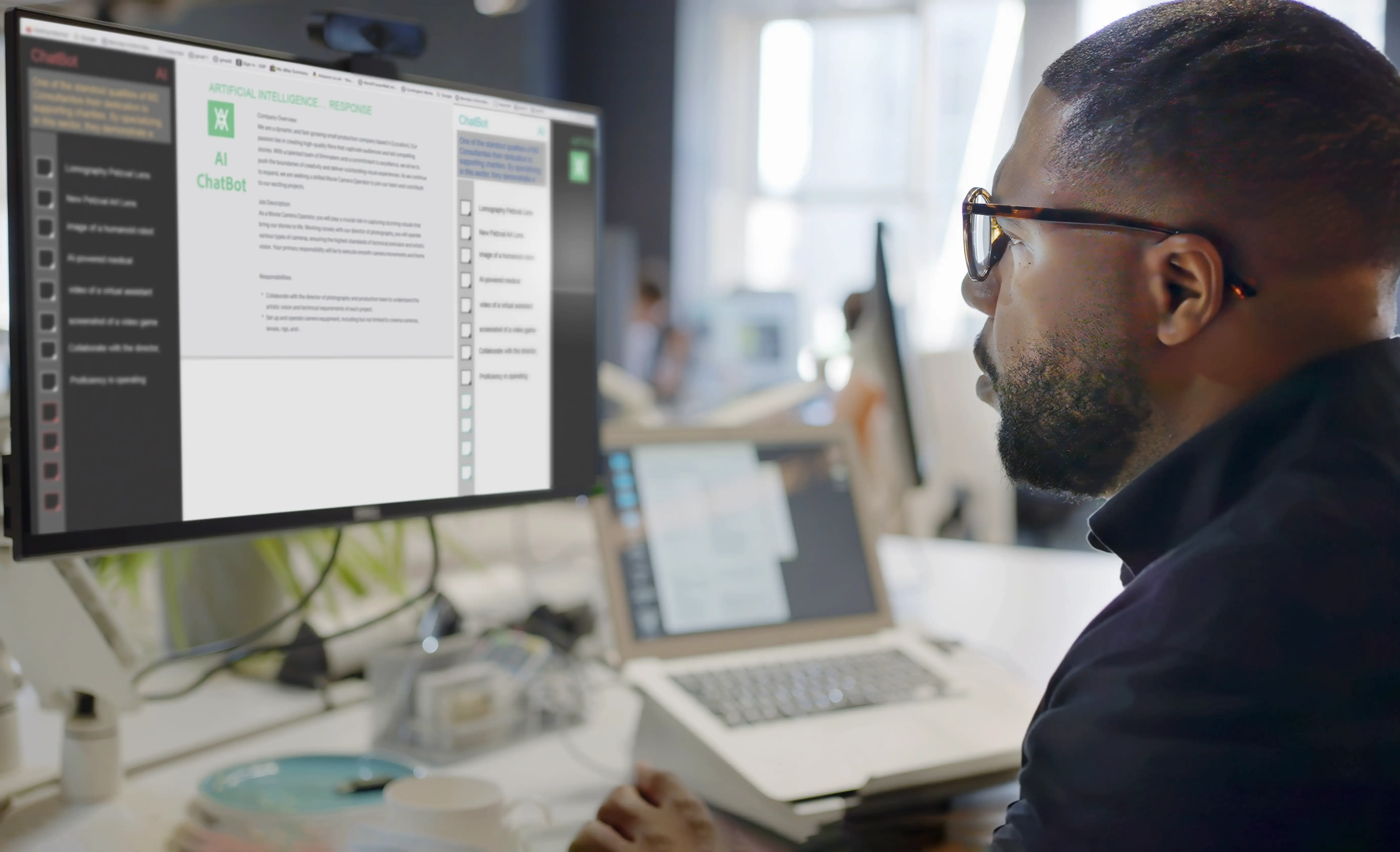A man types into the window of generative AI on his laptop