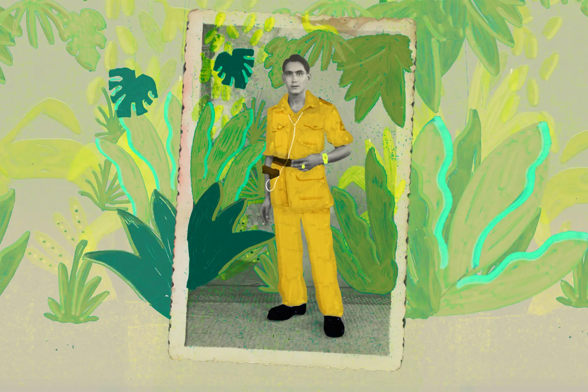 Collage with a hand coloured photo of an Indonesian soldier