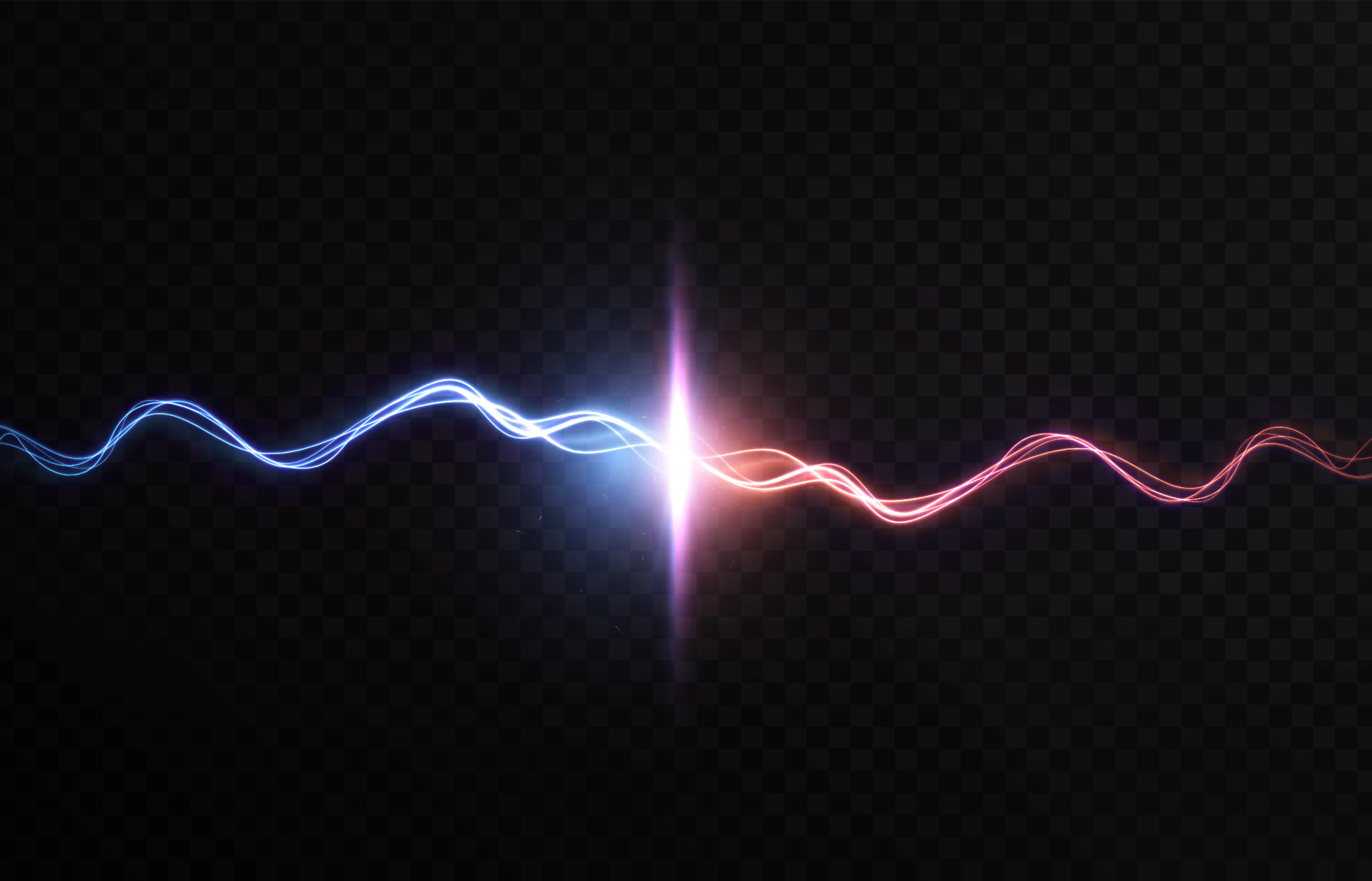 Glowing blue and red energy waves meet in a brilliant flash against a dark background. 