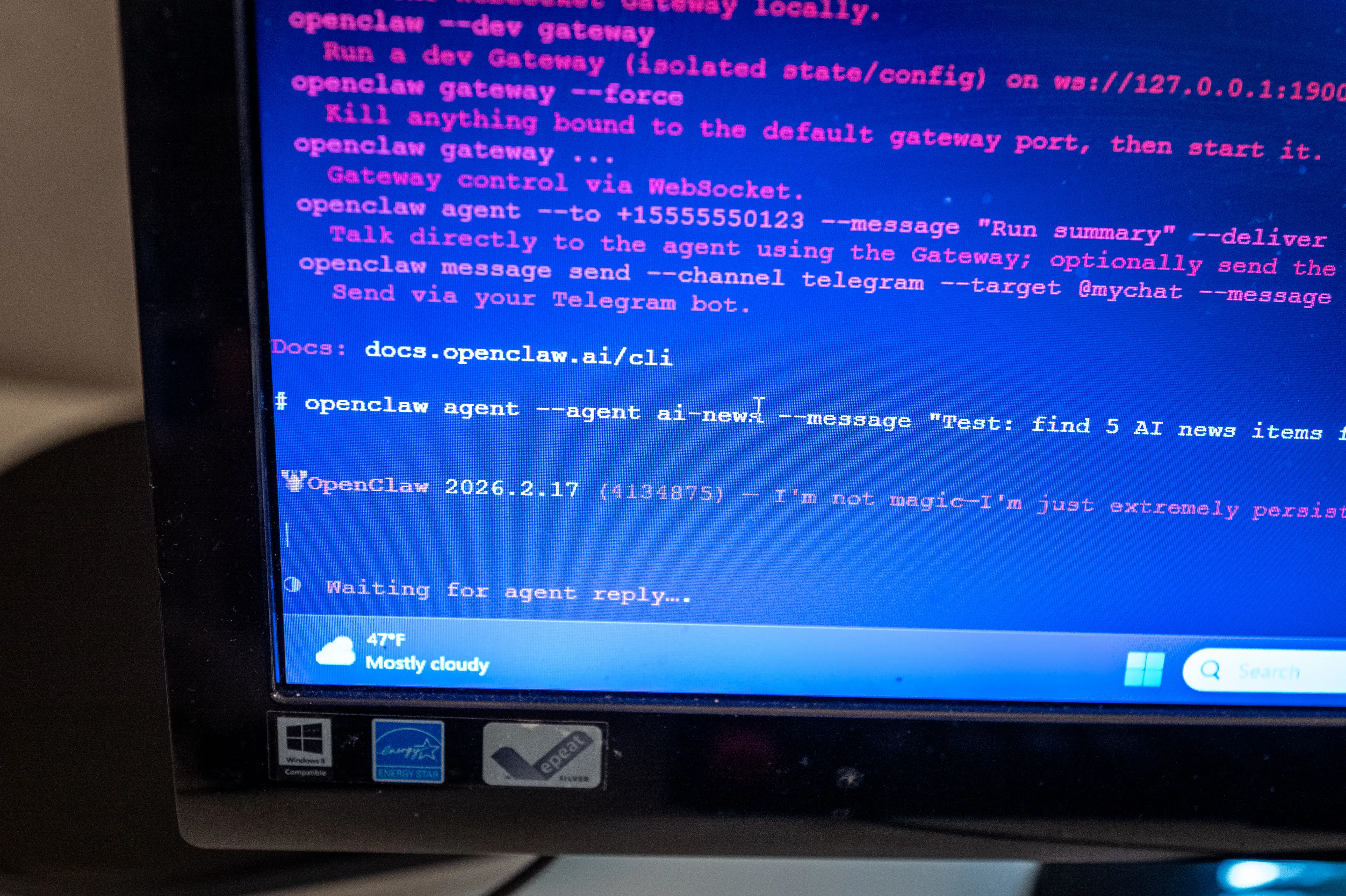 Close-up of computer screen showing Linux terminal running the OpenClaw agentic artificial intelligence platform,
