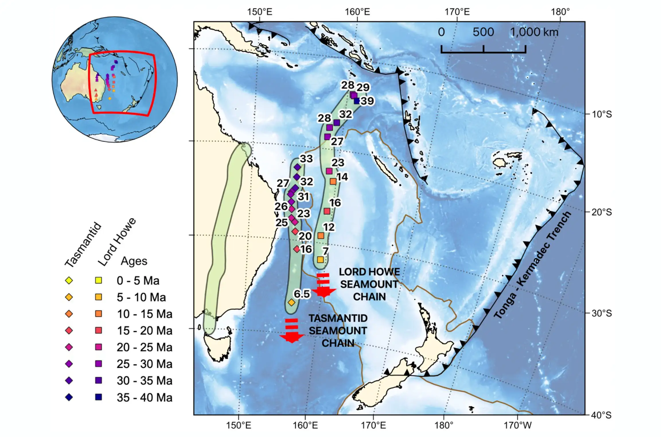 Map of the Lord Howe and Tasmantid seamount chains in the Tasman Sea