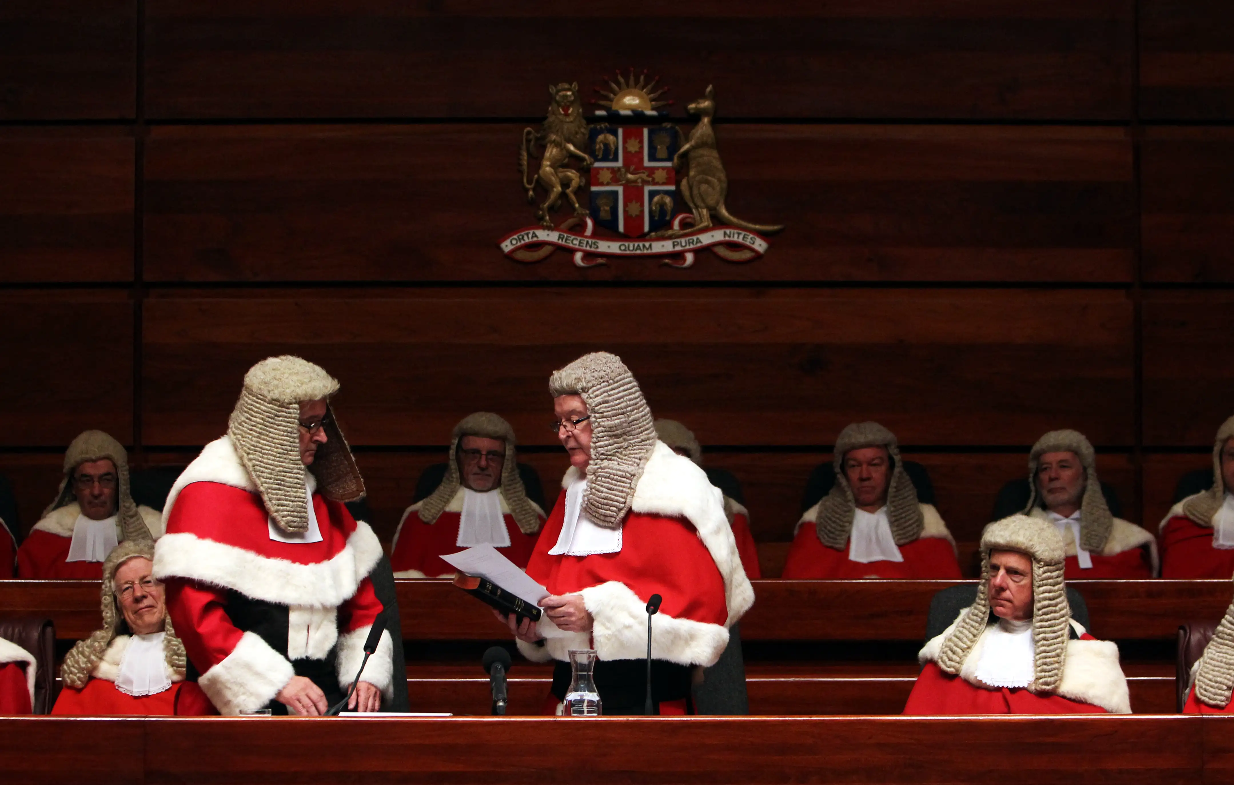 The Front window of the Law Courts in Australia, with the coat of arms of Australia.
