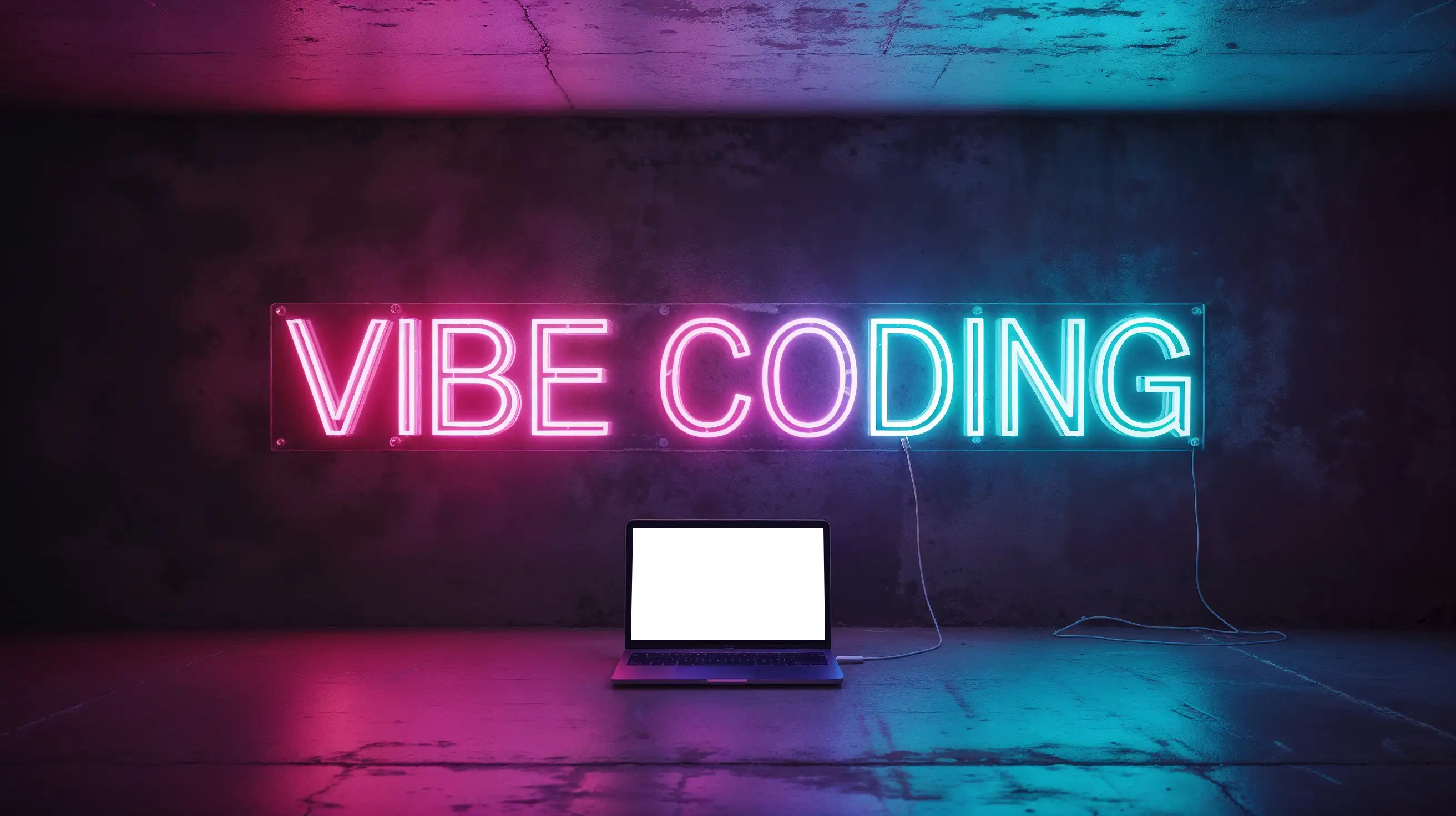A neon sign above a laptop that says ‘vibe coding’