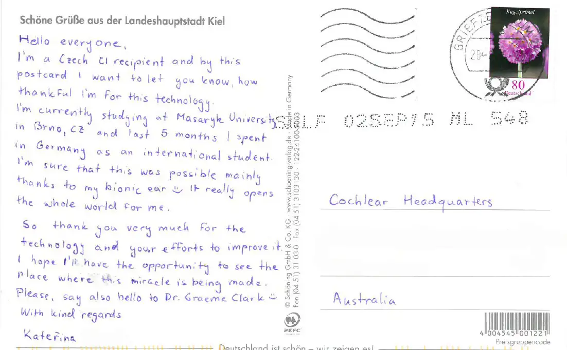 A postcard expressing thanks from a cochlear implant recipient