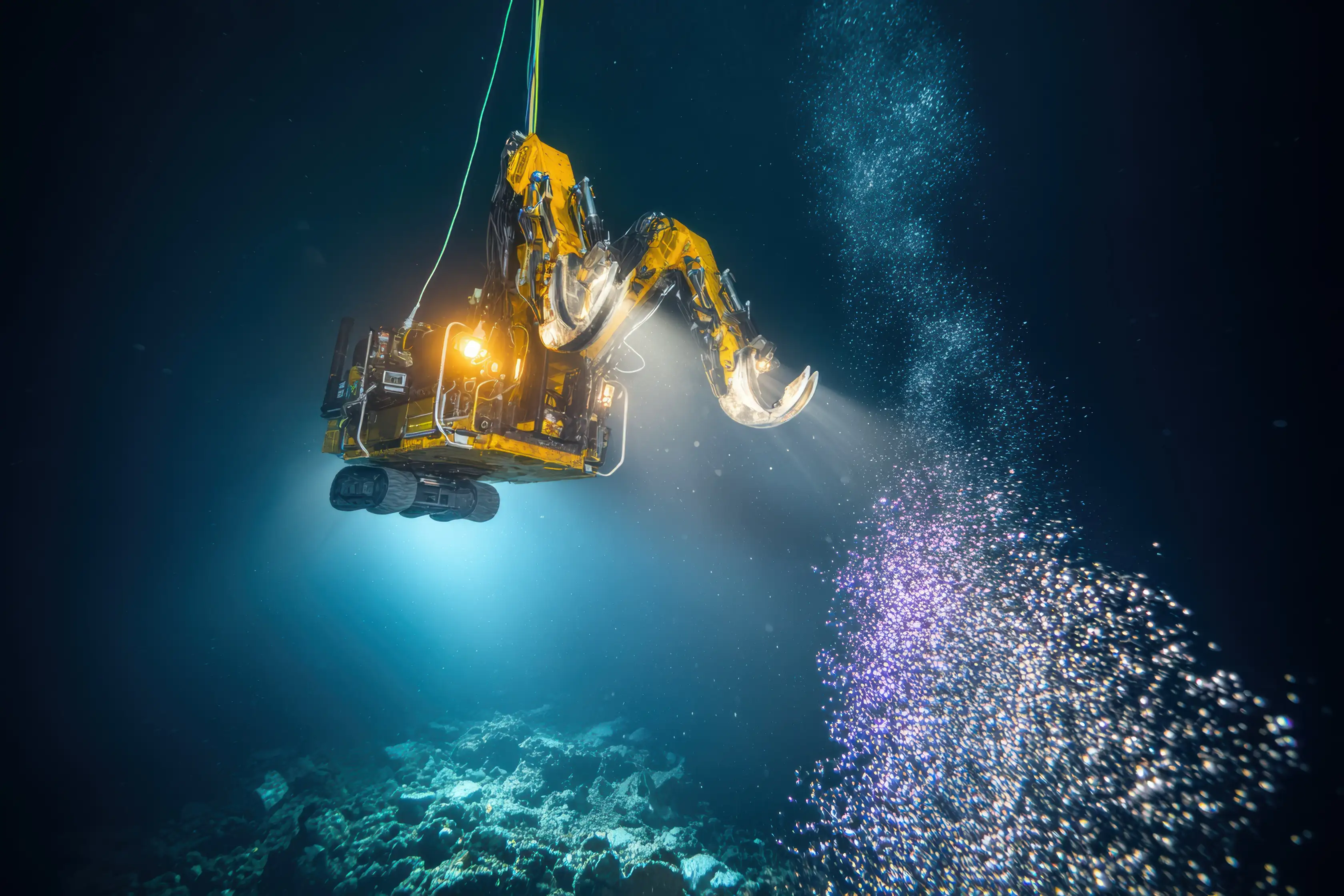 Remotely operated vehicle gathers polymetallic nodules during underwater mining in deep sea exploration