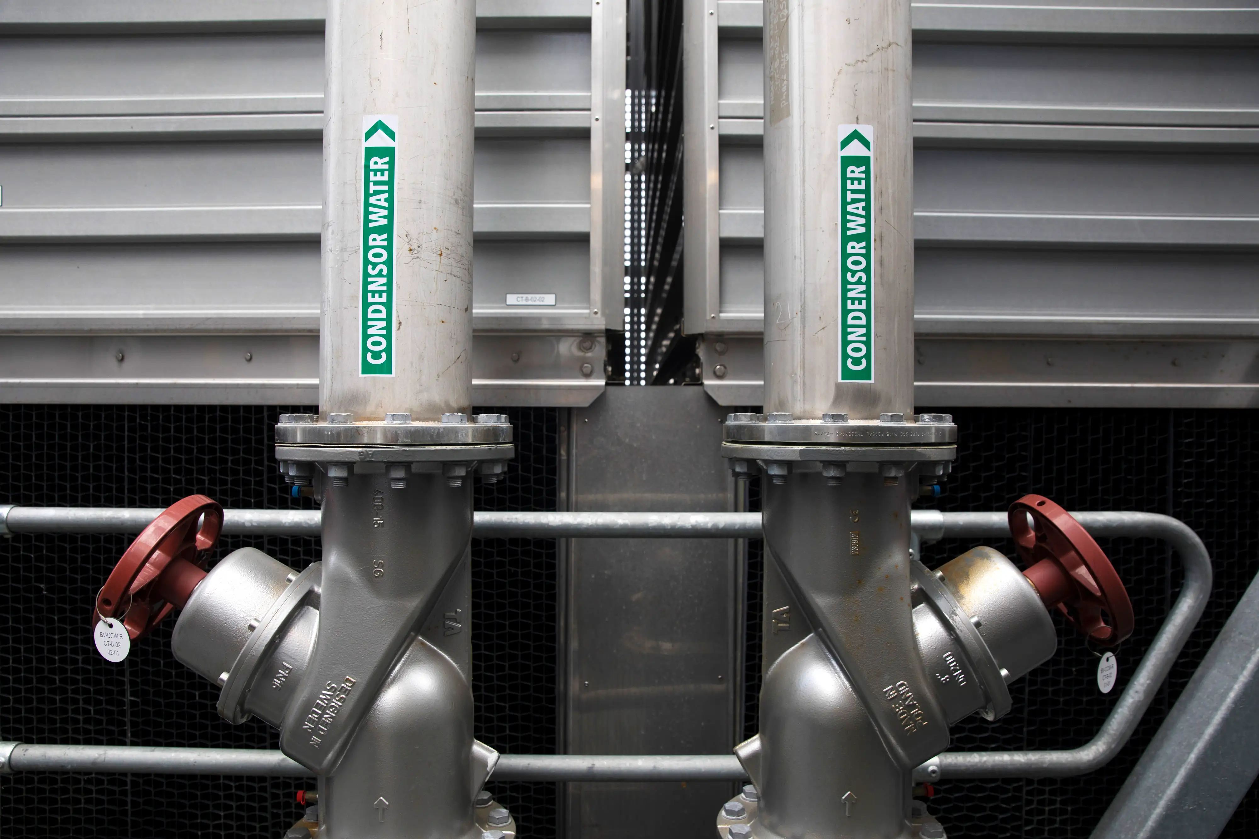 Pipes carry condenser water on a cooling tower at a data centre in Sydney