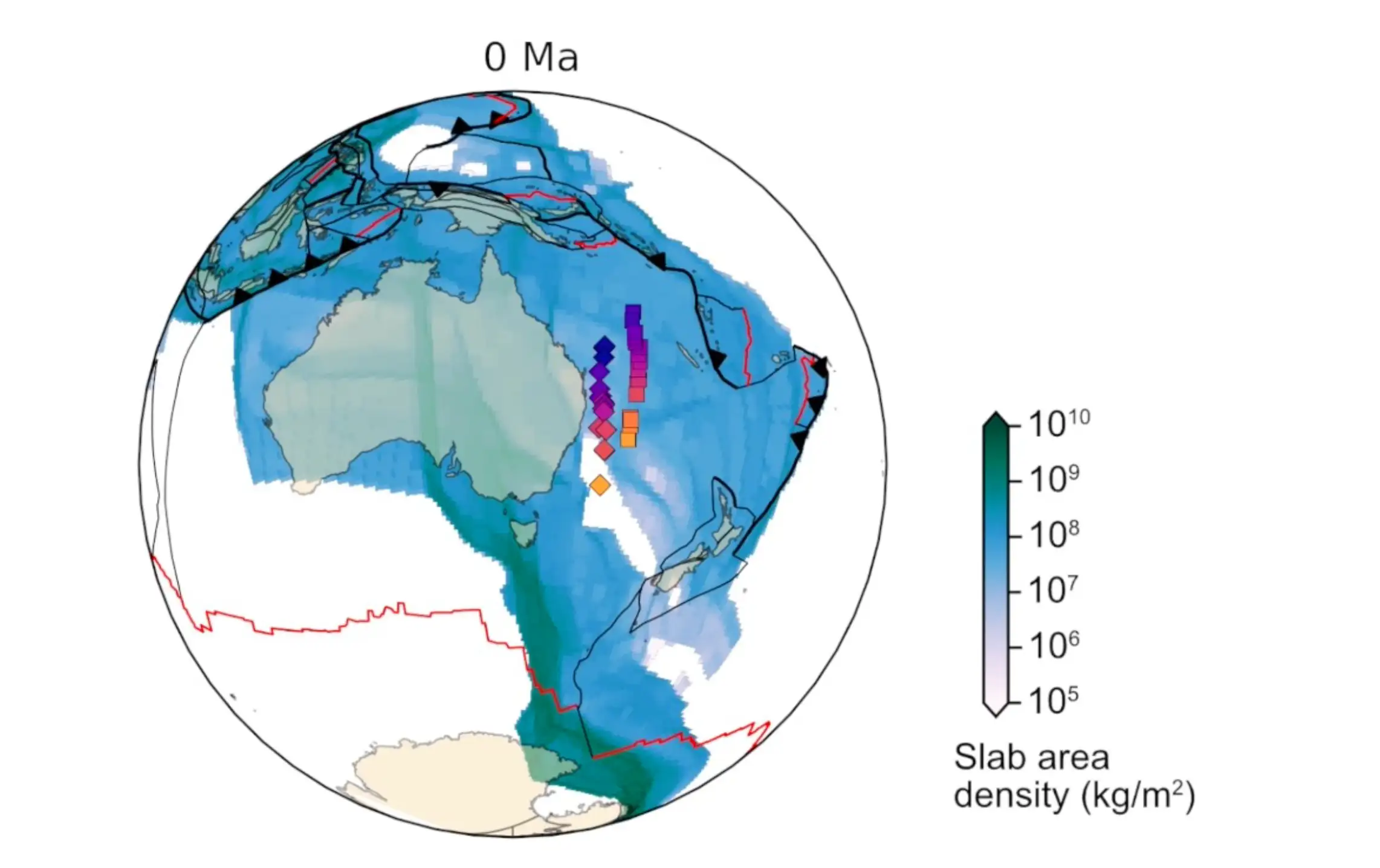 A graphic of the cumulative slab material in the Earth’s mantle which splits a single plume into two branches