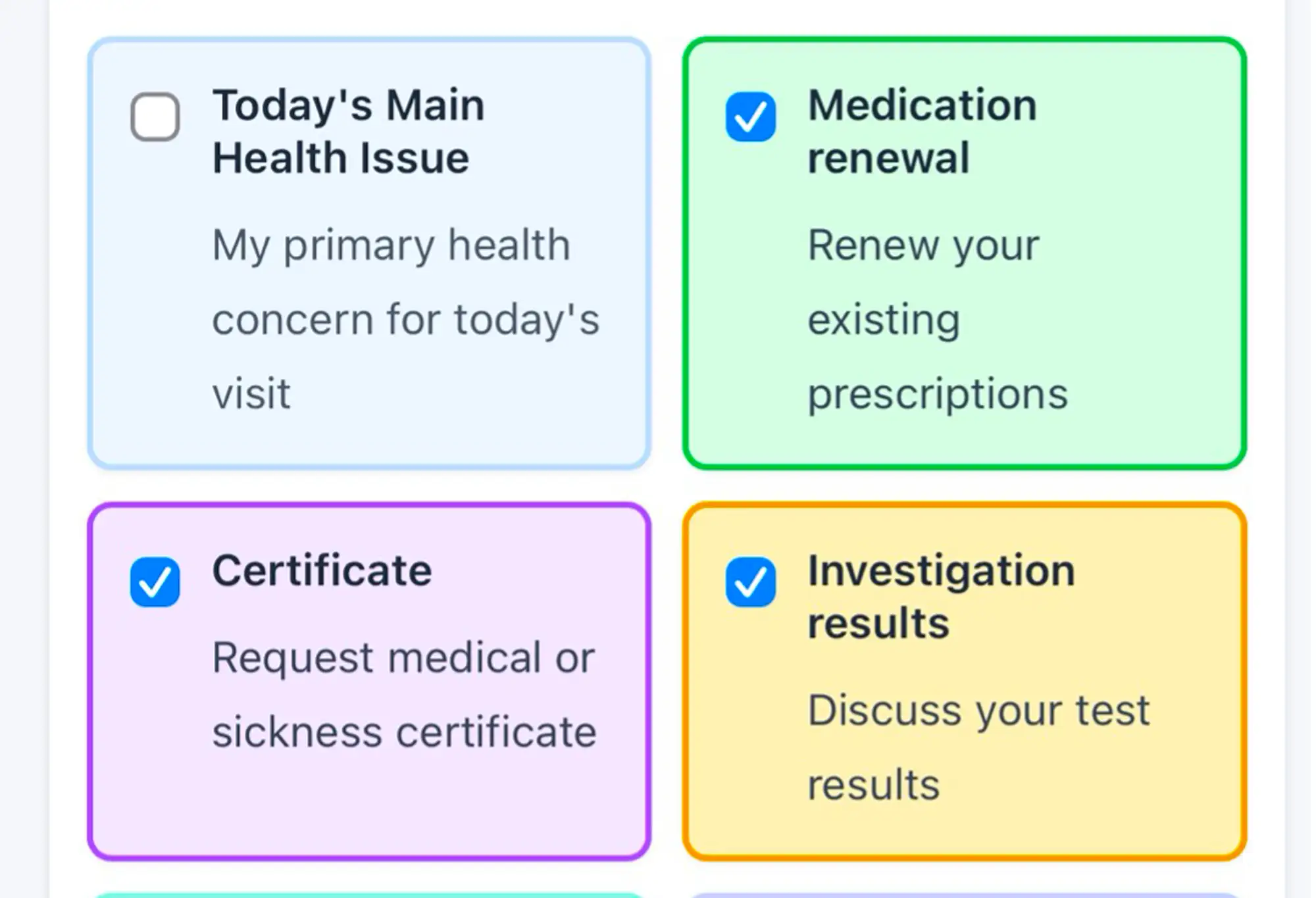 A screenshot of an app that compiles a checklist for patients ahead of a GP visit.