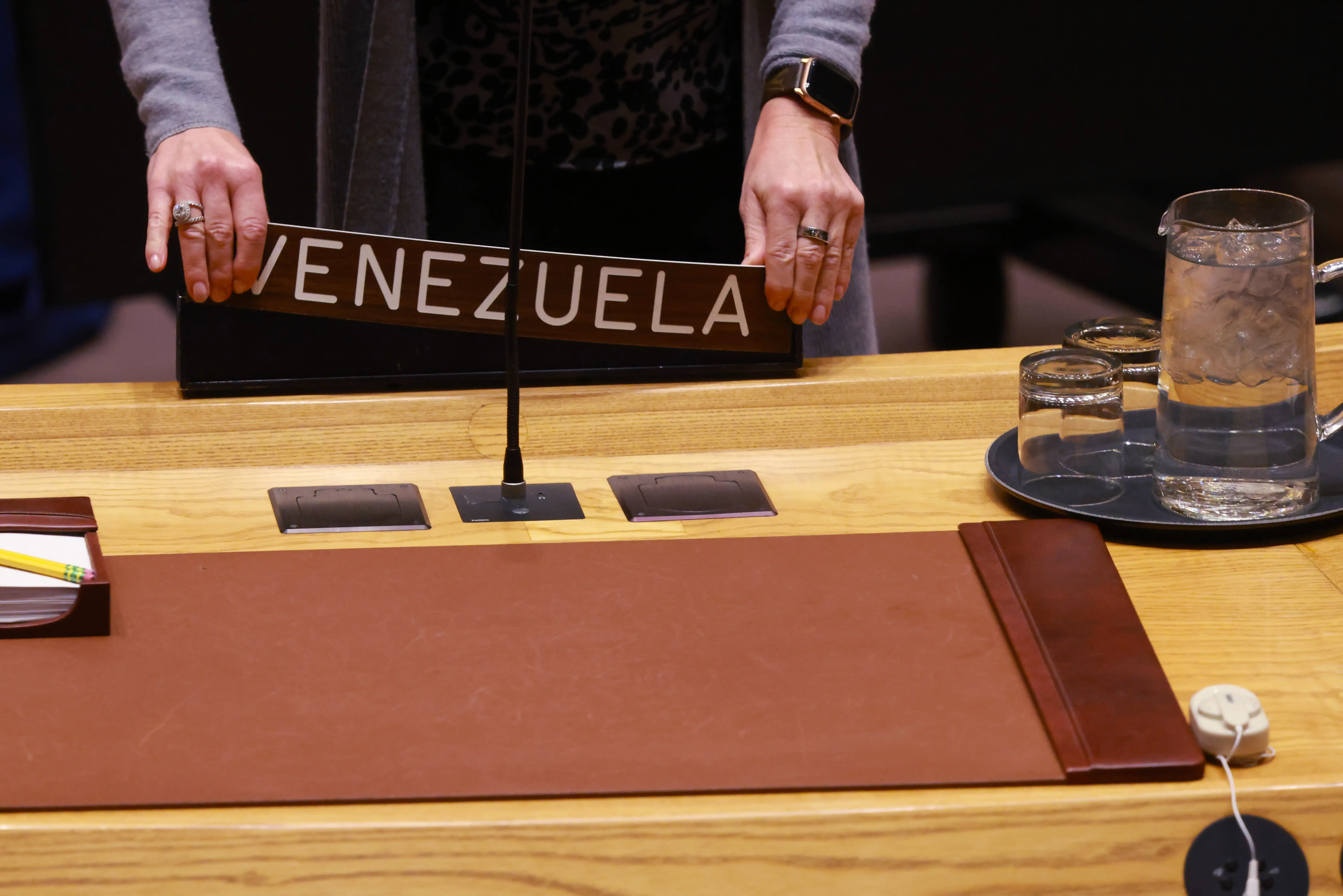 A name plate with ‘Venezuela’ on it at preparations for a UN Security Council meeting.