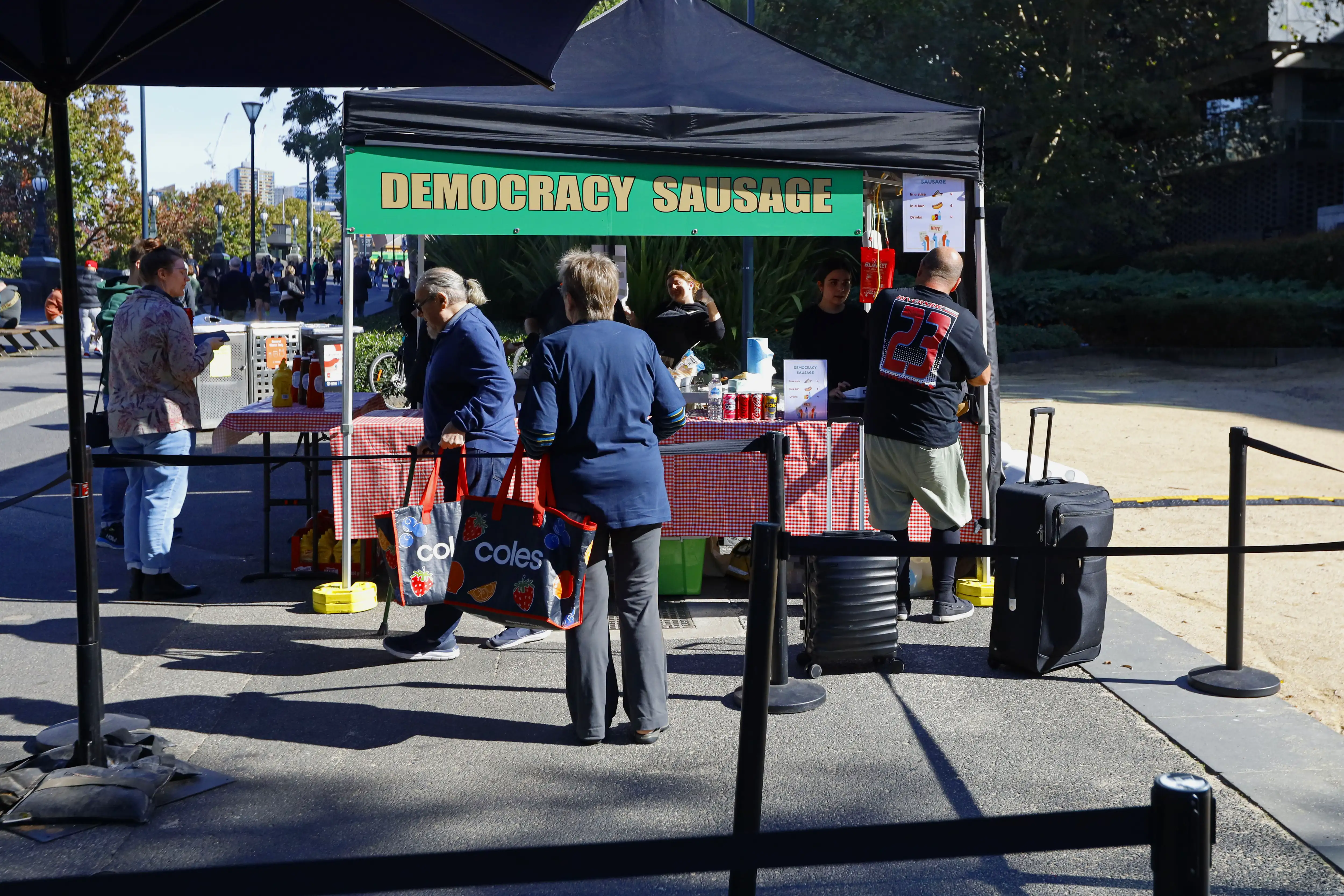 A general view of a democracy sausage stand outside a polling centre during the 2025 Australian federal election.