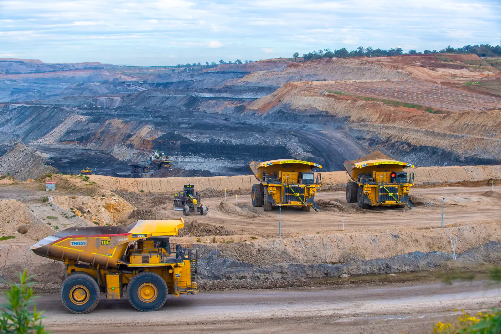Trucks working at the Mt Pleasant coal mine