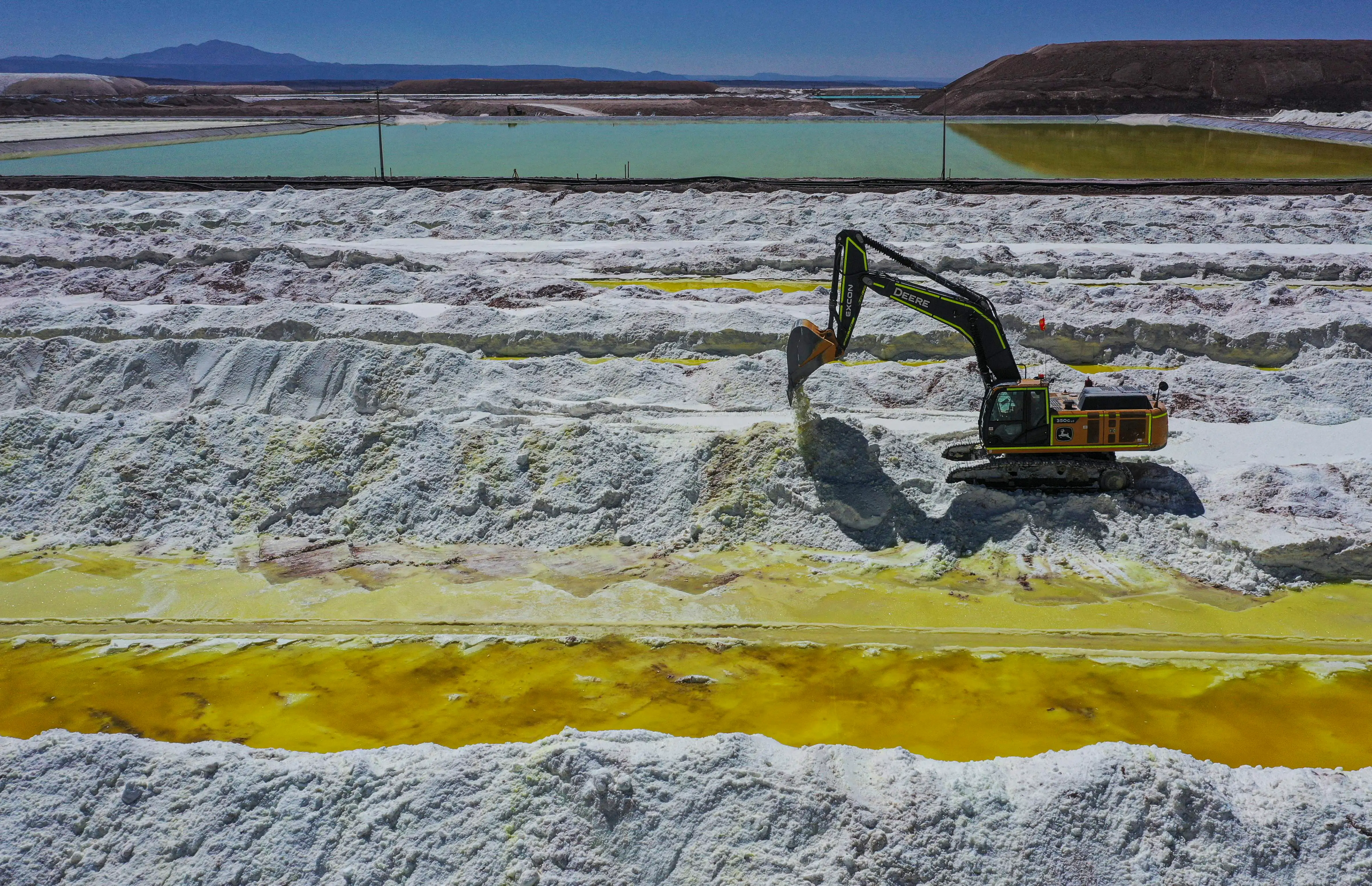 An aerial view of brine ponds and processing areas of the lithium mine in Chile.