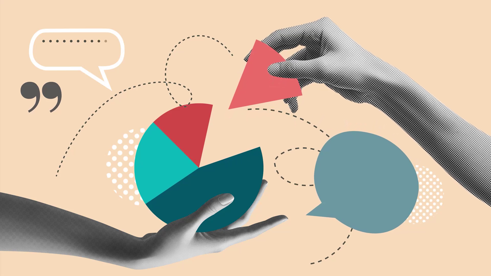Collage art of a hand pulling a wedge from a pie chart